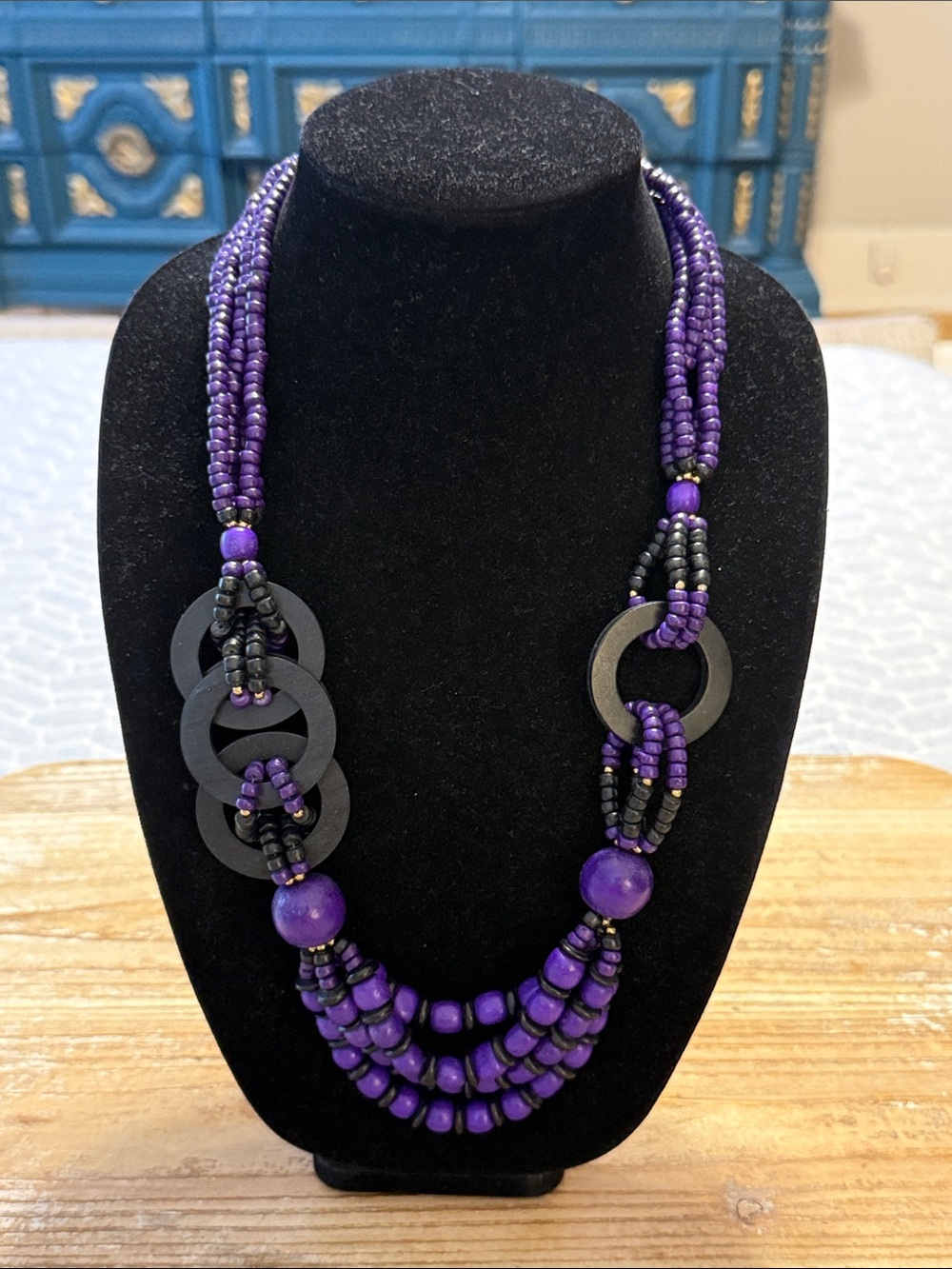 Vintage Boho Purple Wooden Beaded Long Statement Necklace